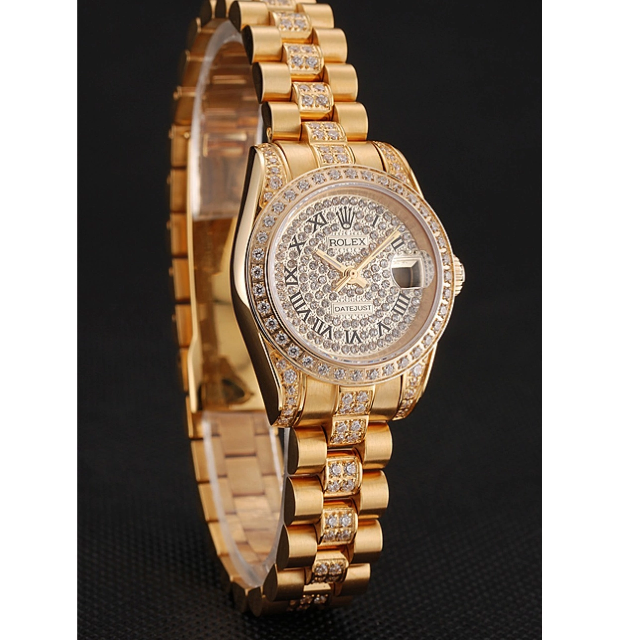 AAA Replica Watches Bracelet Diamond Dial 1453955 Swiss DayJust Pave Rolex Gold Diamond 0825